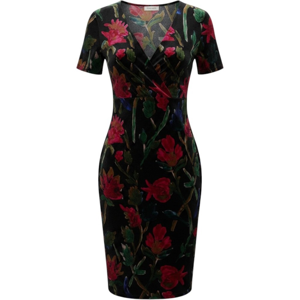 Zara Black Floral Velvet Midi Dress Size M Surplice Neck Short Sleeve
